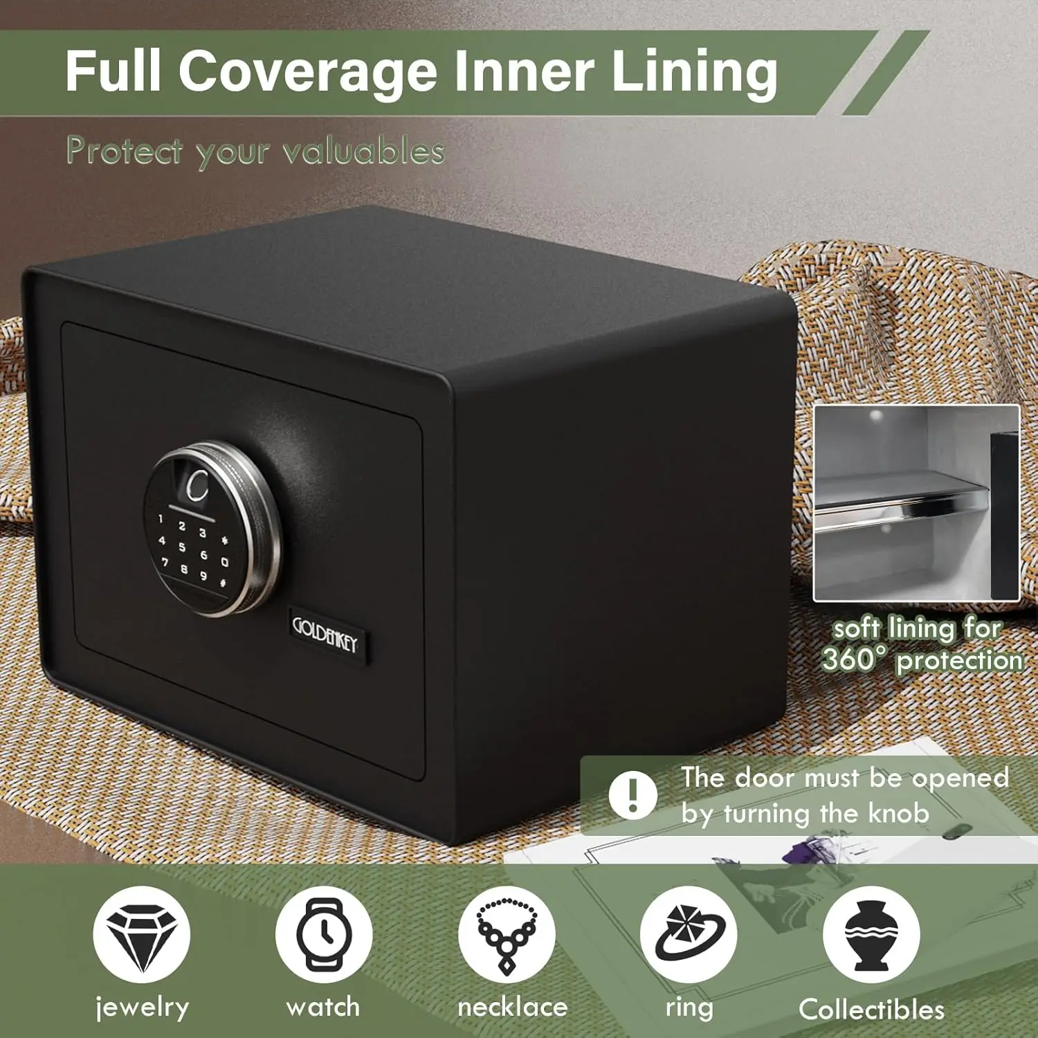 Luxury Home Safe with Fingerprint&Keypad Lock for Documents, Safe Box with Soft Velvet Lining, Removable Shelf, High Security fo
