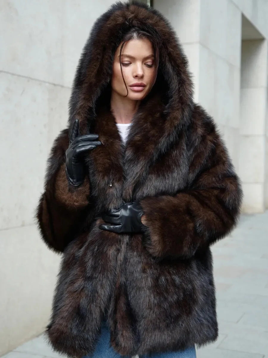 HDHOHR 2026 Winter Elegant Luxury Chic Thick Warm Soft Faux Fox Fur Coat Women With Hood High Quality Fluffy Jacket Oversized