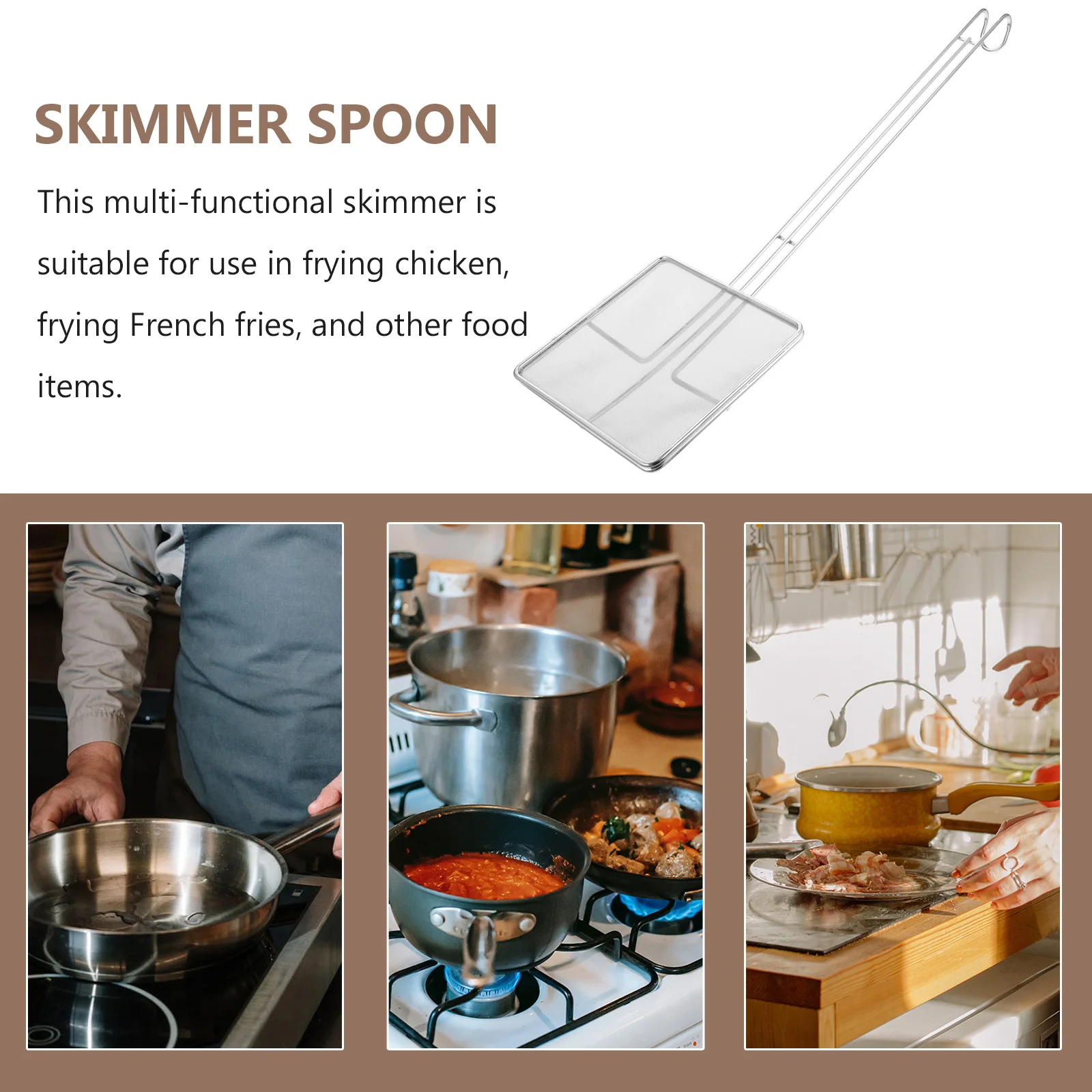 

Square Oil Skimmer Stainless Steel Fine Mesh Frying Spoon Strainer for Chicken French Fries Kitchen Skimmer Ladle Reusable