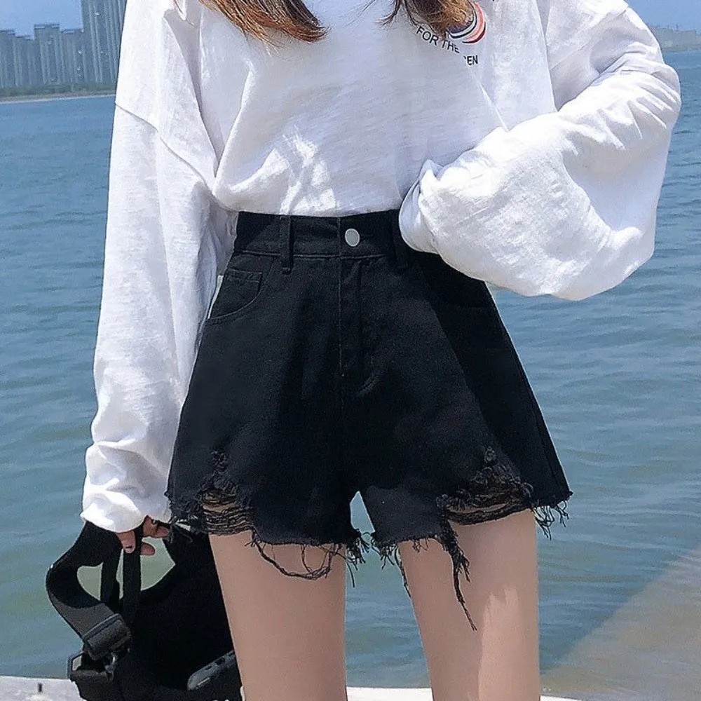 Trendige Dehnbare Jeans-Shorts für Damen, Hochgeschnittene Zerrissene Denim-Shorts mit Ausgefranstem Saum, Vielseitige Kurze Hosen für den Sommer – Detail 19