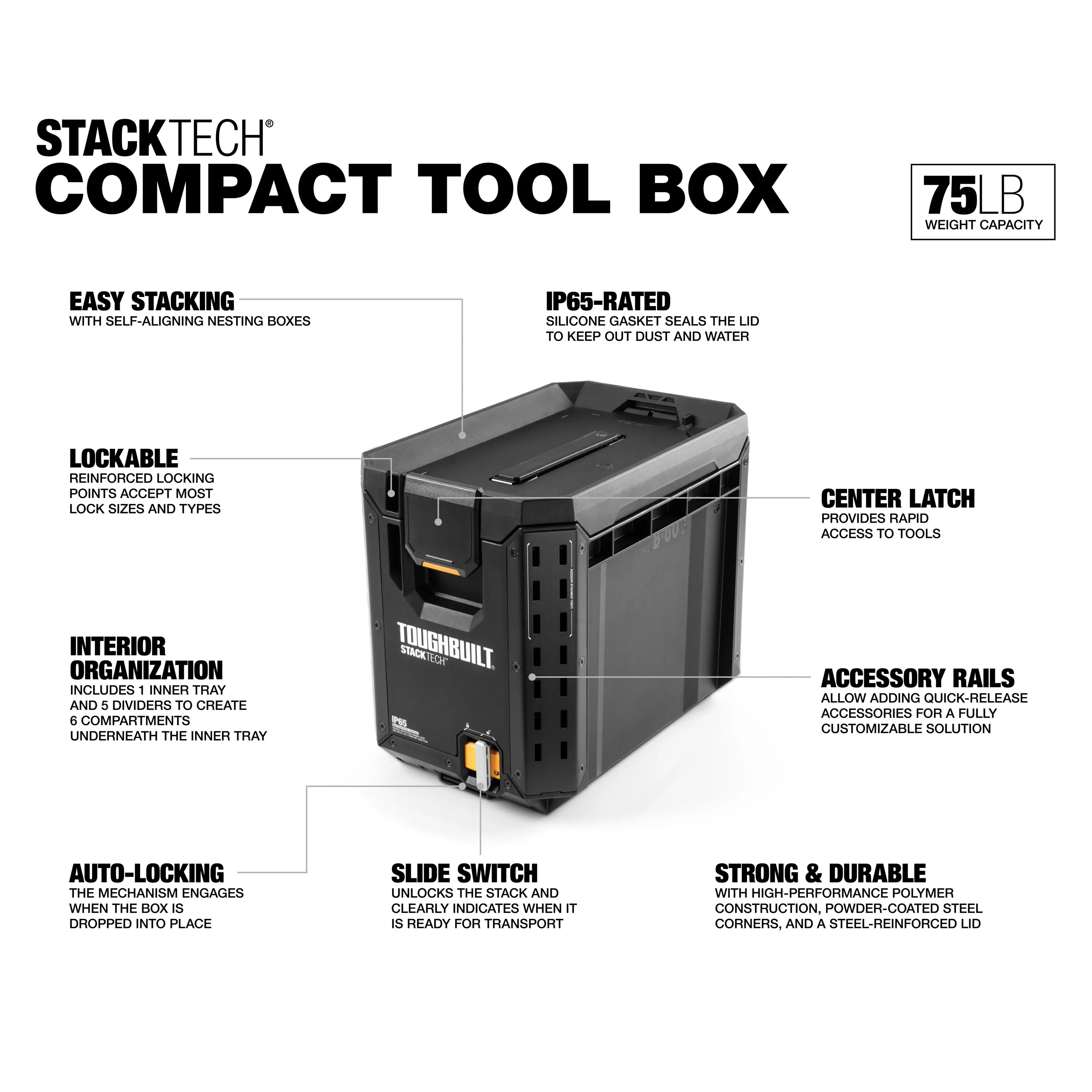 TOUGHBUILT TB-B1-B-60C StackTech Compact Tool Box Multifunctional Car Storage Repair Parts Box Stackable Side Standing Organizer