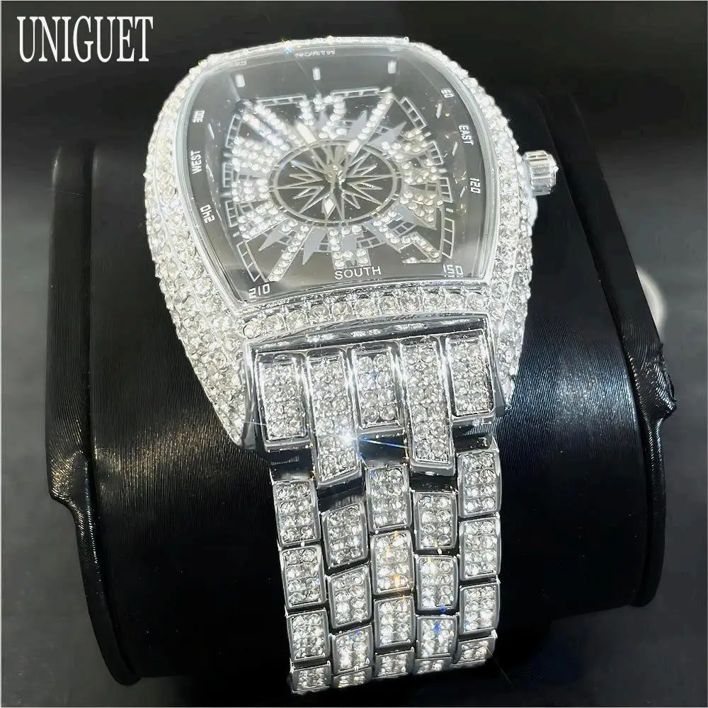 UNIGUET Fashion Iced Watch For Men Luxury Stainless Steel Quartz Watch Man Hip Hop Diamonds AAA Jewelry Wristwatch 2024 Hot Sell