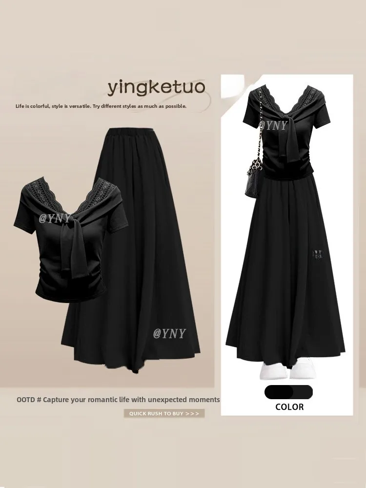 Lace Shoulder Wrap Short Sleeve T-Shirt Women's Summer Casual Loose Two-Piece Set V-Neck  Color Polyester Fabric