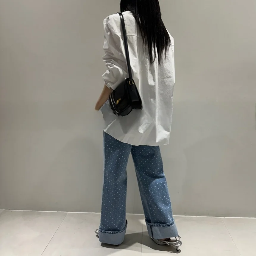 

Retro Waed High Waist Women's Denim Pants Fine Polka Dot Straight Leg Casual Long Trousers Trendy Ins Straight Tube Jeans