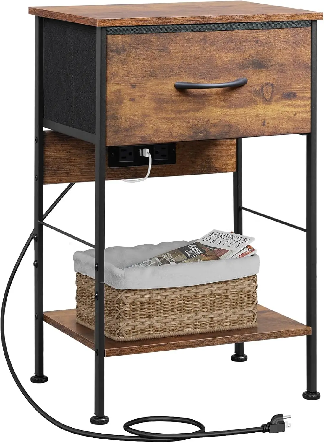 

Прикроватная тумбочка с тканевым ящиком и 2-уровневой полкой, в деревенском стиле, коричневая, для хранения вещей в спальне