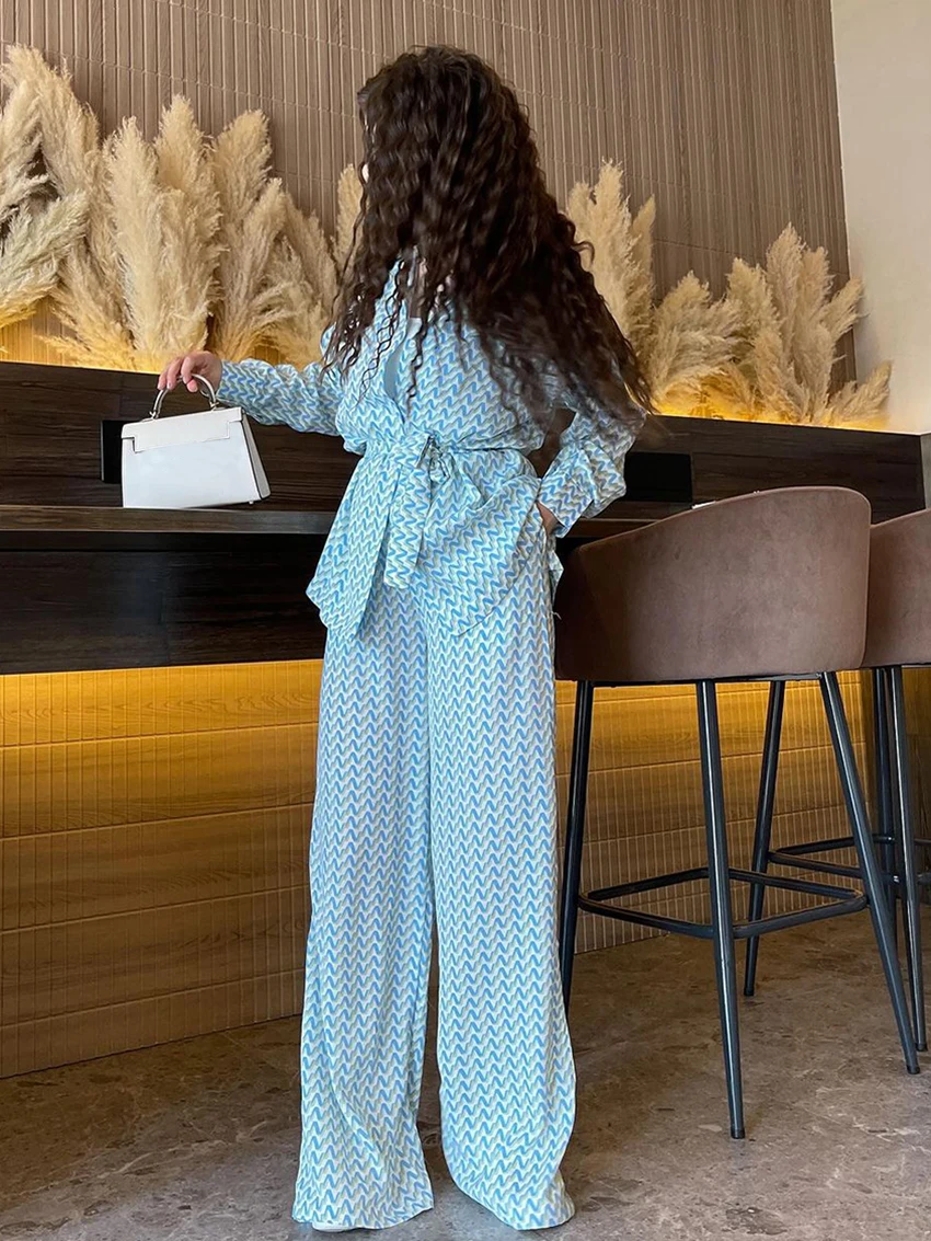 Marthaqiqi Printing Ladies Sleepwear Set Long Sleeve Robe Turn-Down Collar Pajamas Lace Up Nightwear Pants Casual Nightgown Suit