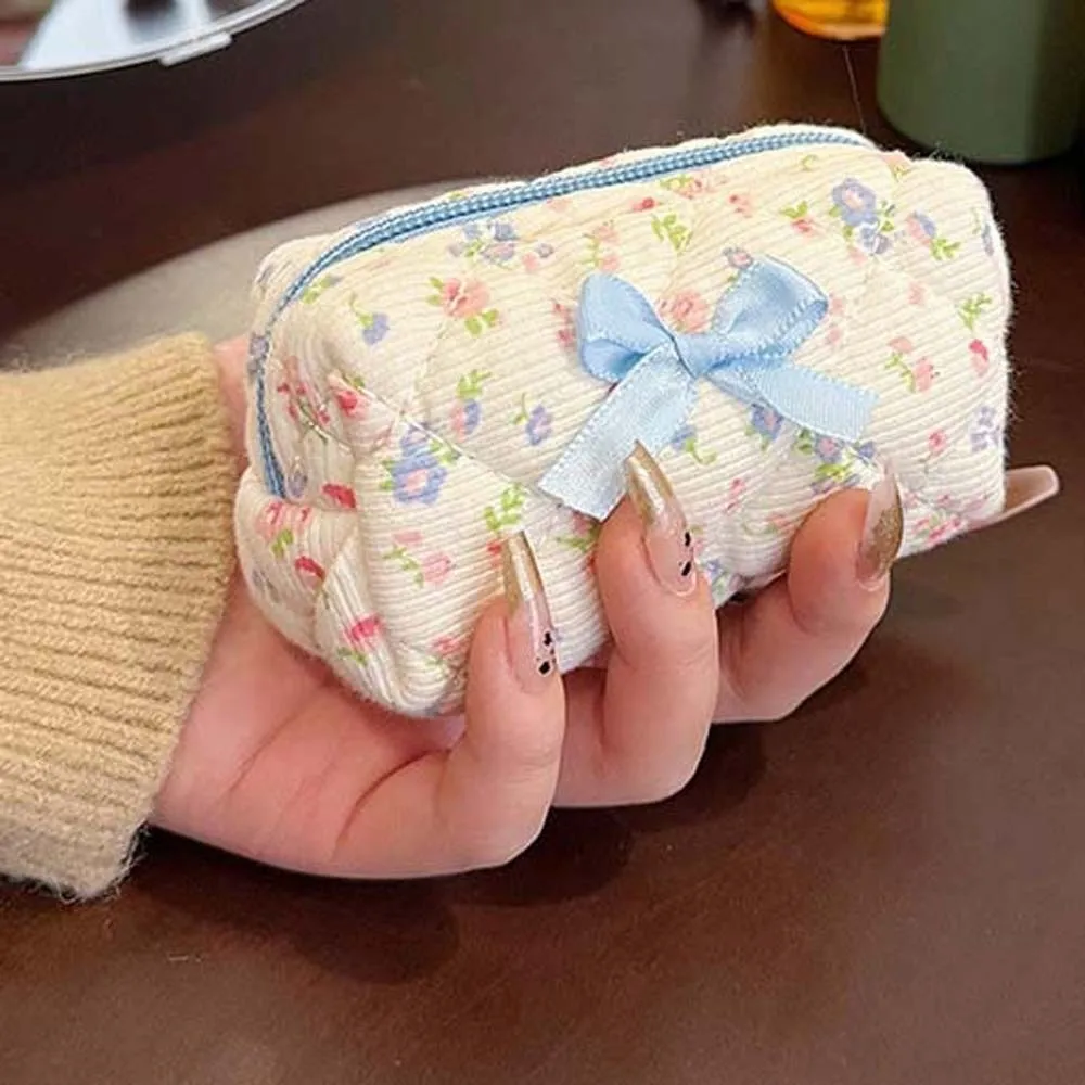 Embroidered Bowknot Mini Makeup Bag Floral Print Quilted Lattice Earphone Storage Case Soft Cotton Compact Size