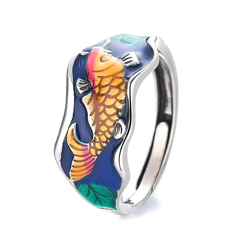 

HX New Silver Color Carp Ring Art Colorful Six Word Truth Opening Index Finger Fashion Personality Female