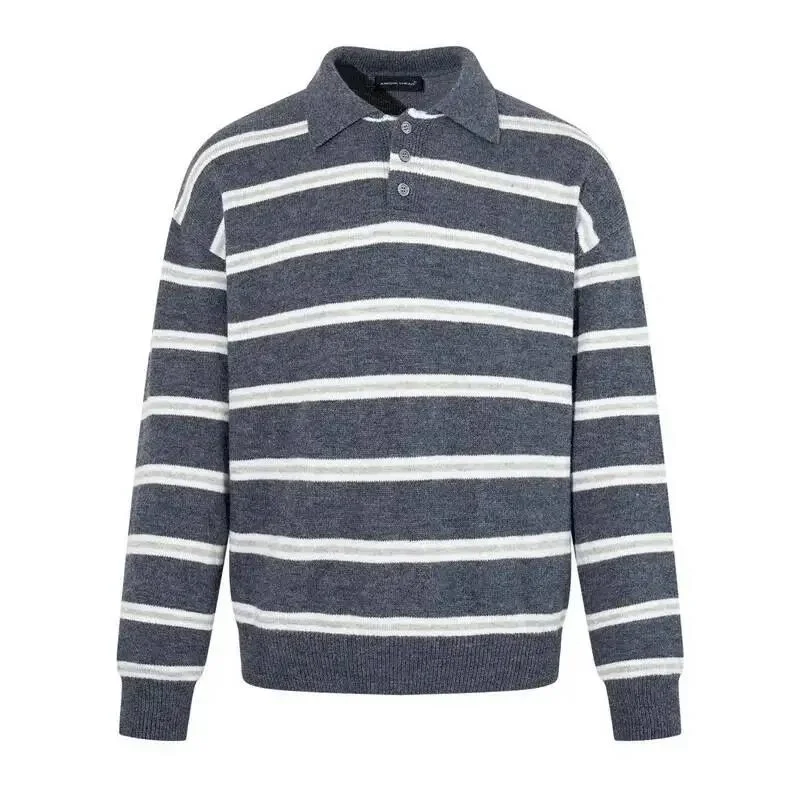Vintage Stripe Polo Knit Sweater Mens Lapel Drop Long Sleeve All-match Casual Male Pullovers 2026 Autumn New Trend XDE5