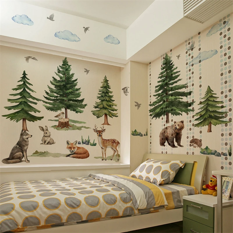 ملصقات حائط على شكل شجرة صنوبر سفاري كبيرة على شكل ثعلب غزال وولف، ملصقات حائط من الفينيل لتزيين غرفة نوم الأطفال #4