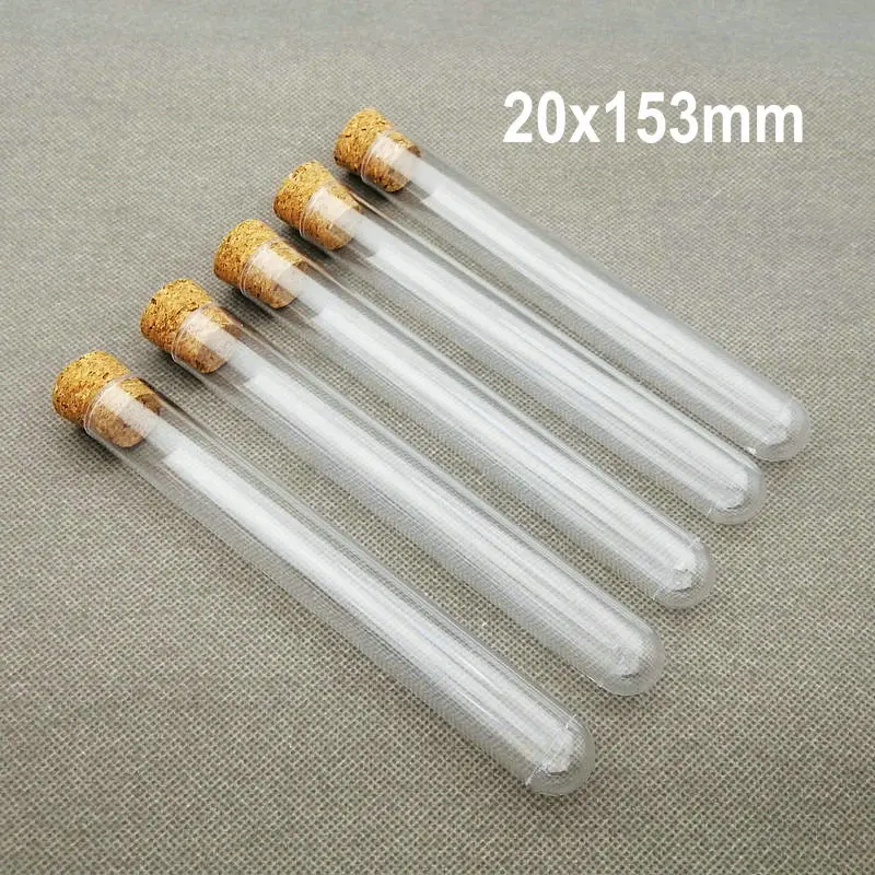 

100pcs/lot Lab 20x153mm Clear Plastic Test Tubes With Cork stopper,Party Candy Bottle Round Bottom Camellia tube