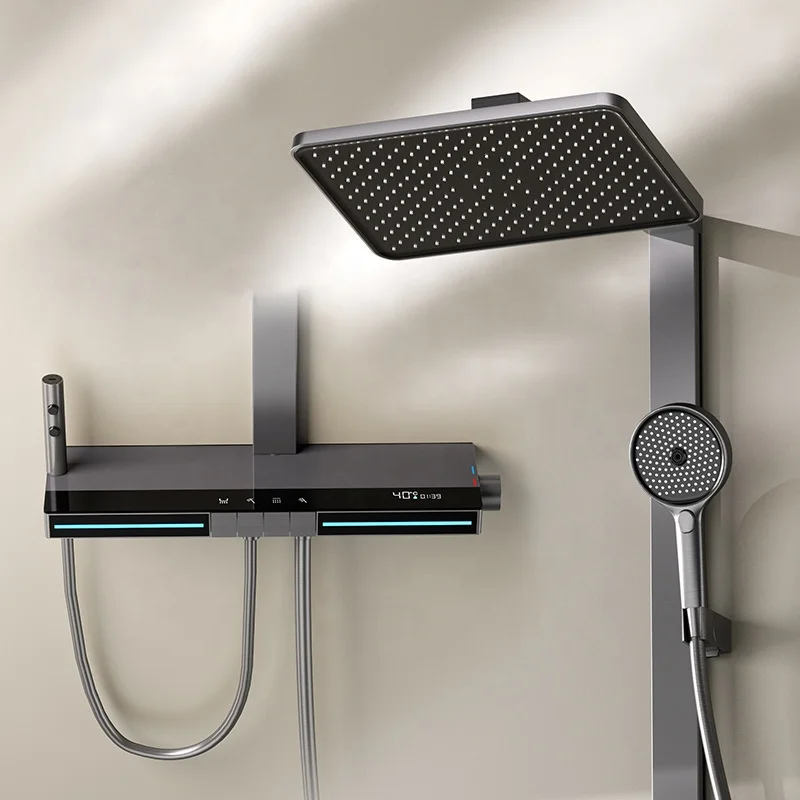 4-Function Rainfall Shower System Single Handle Ceramic Valve Core Temperature Display Pause Massage Spray Piano Key Design