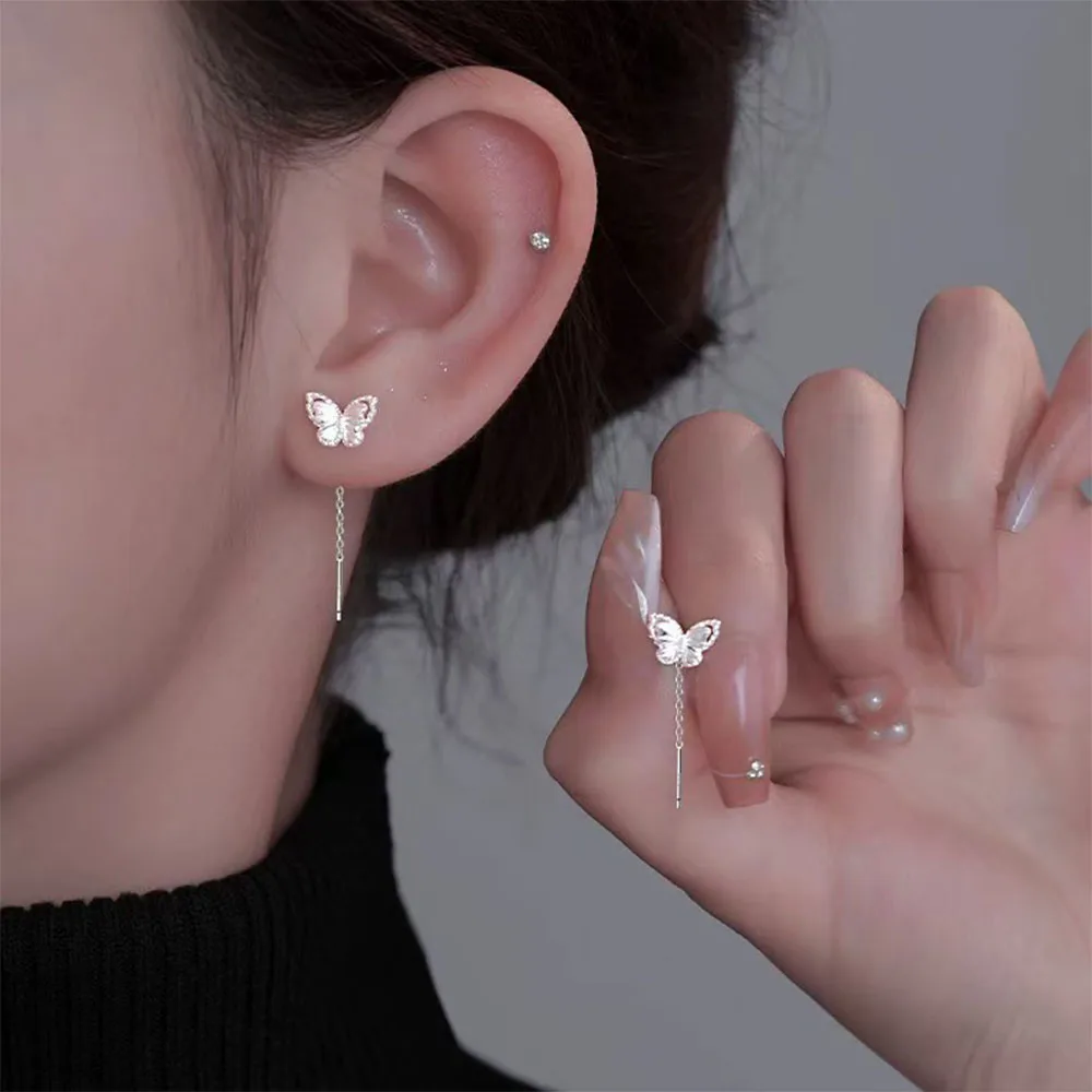 925 Silver Needle Chain Tassel Butterfly Mini Stud Earrings For Women Party Minimalist Cute Fashion Jewelry Accessible