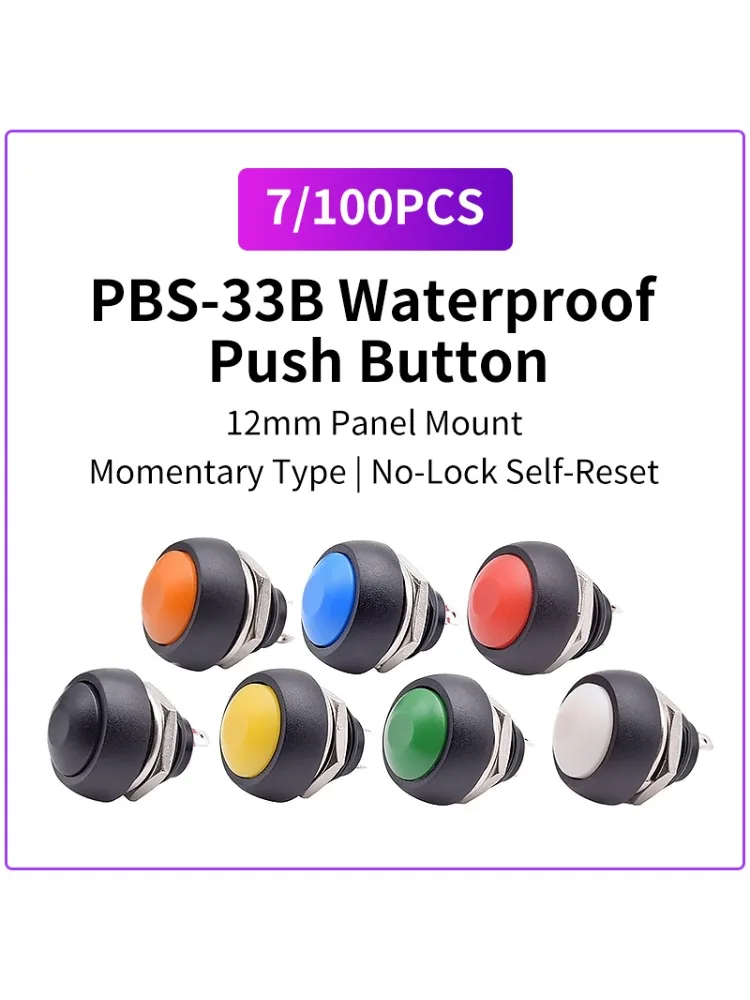 7 SZT./100 SZT. Przycisk chwilowy PBS-33B, montaż panelowy 12 mm, wodoodporny, okrągły, bez blokady, samoresetujący się. — zdjęcie produktu 7