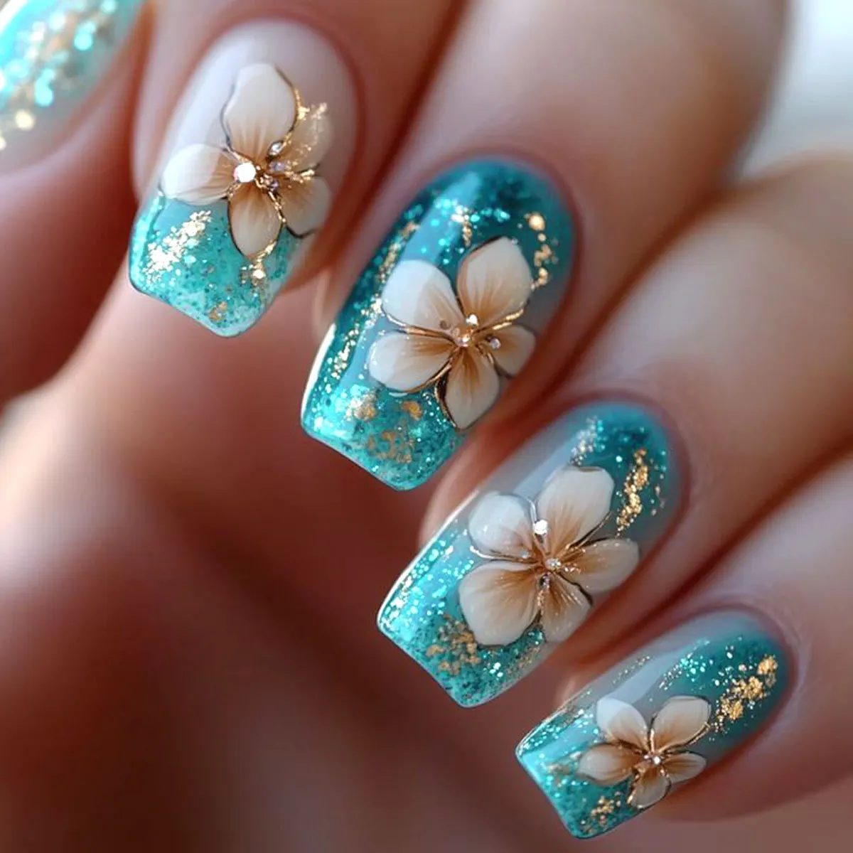 

24Pcs Short Square Head Press on Fake Nails with Gold Shiny Powder Flower Design False Nails Art Reusable Full Cover Nails Tips
