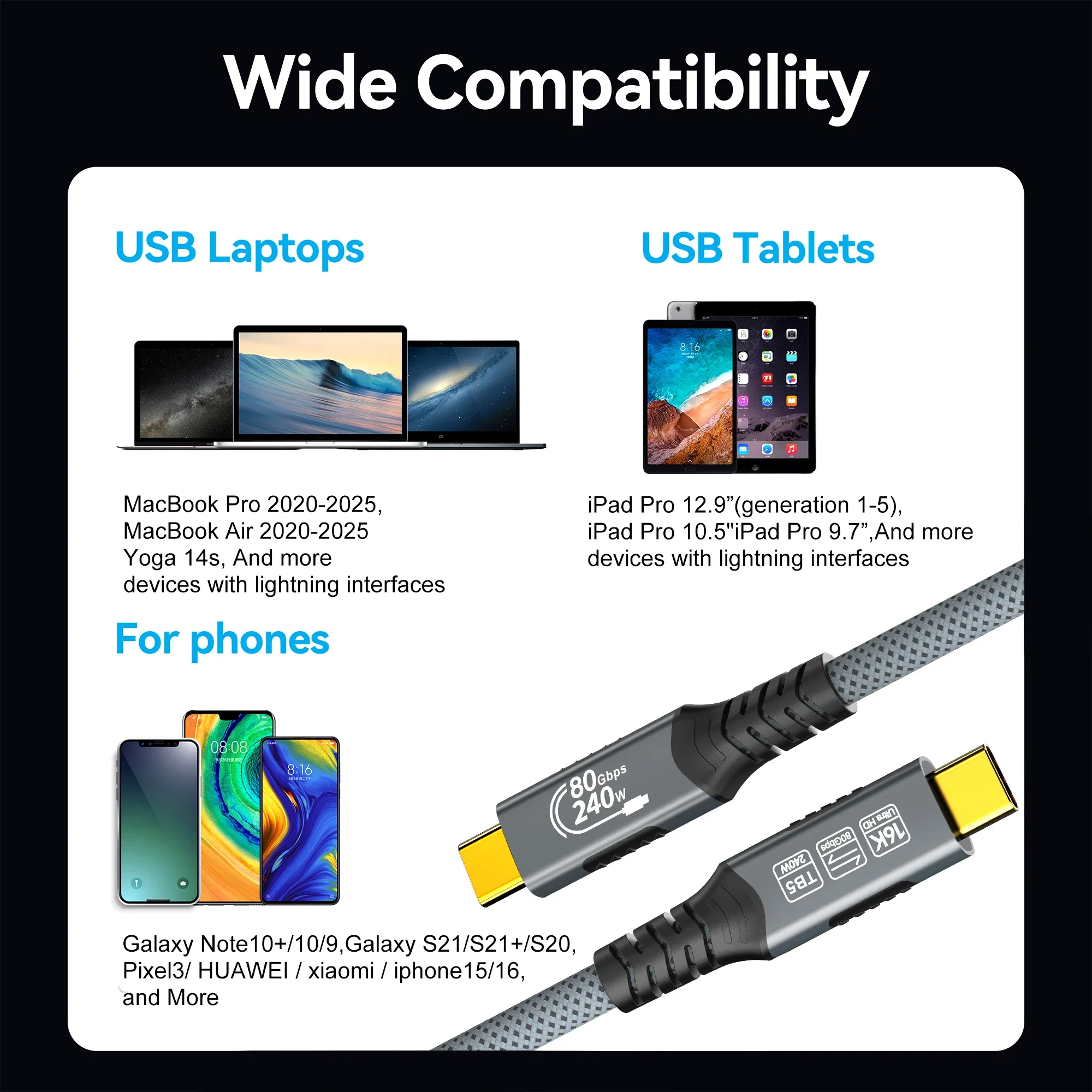 USB4 240w Thunderbolt 5 Cable Compatible with Thunderbolt 4 Data Transfer and Charging For MacBook Pro/Air Dell Lenovo view 6