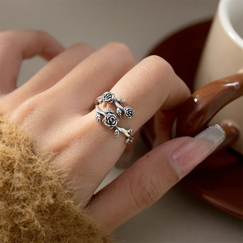 

PANJBJ 925 Sterling Silve Roses Branch Ring for Women Girl Gift Irregular Retro Sweet Romantic Jewelry Dropshipping