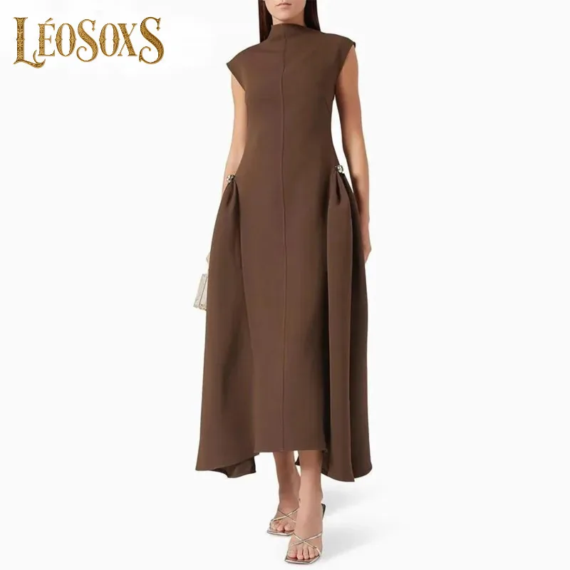 

LEOSOXS модные женские лоскутные платья со складками, однотонное платье трапециевидной формы без рукавов с асимметричным воротником и высокой талией, новинка 2023 года