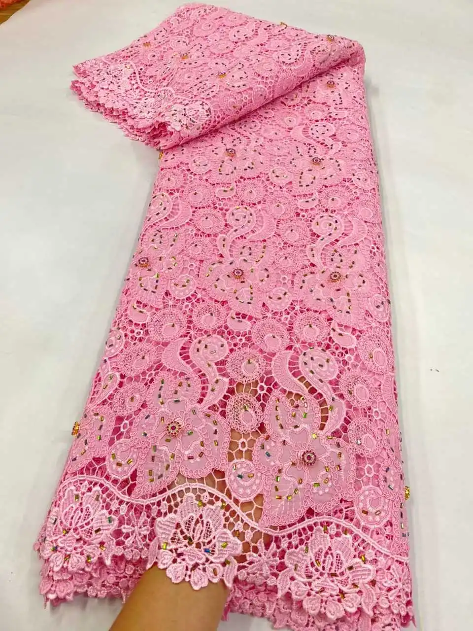 2026 African Nigerian High Quality Embroidery Lace Fabric Water Soluble  Tulle Wedding Party Dress Guipure Sequins 5 Yards1920