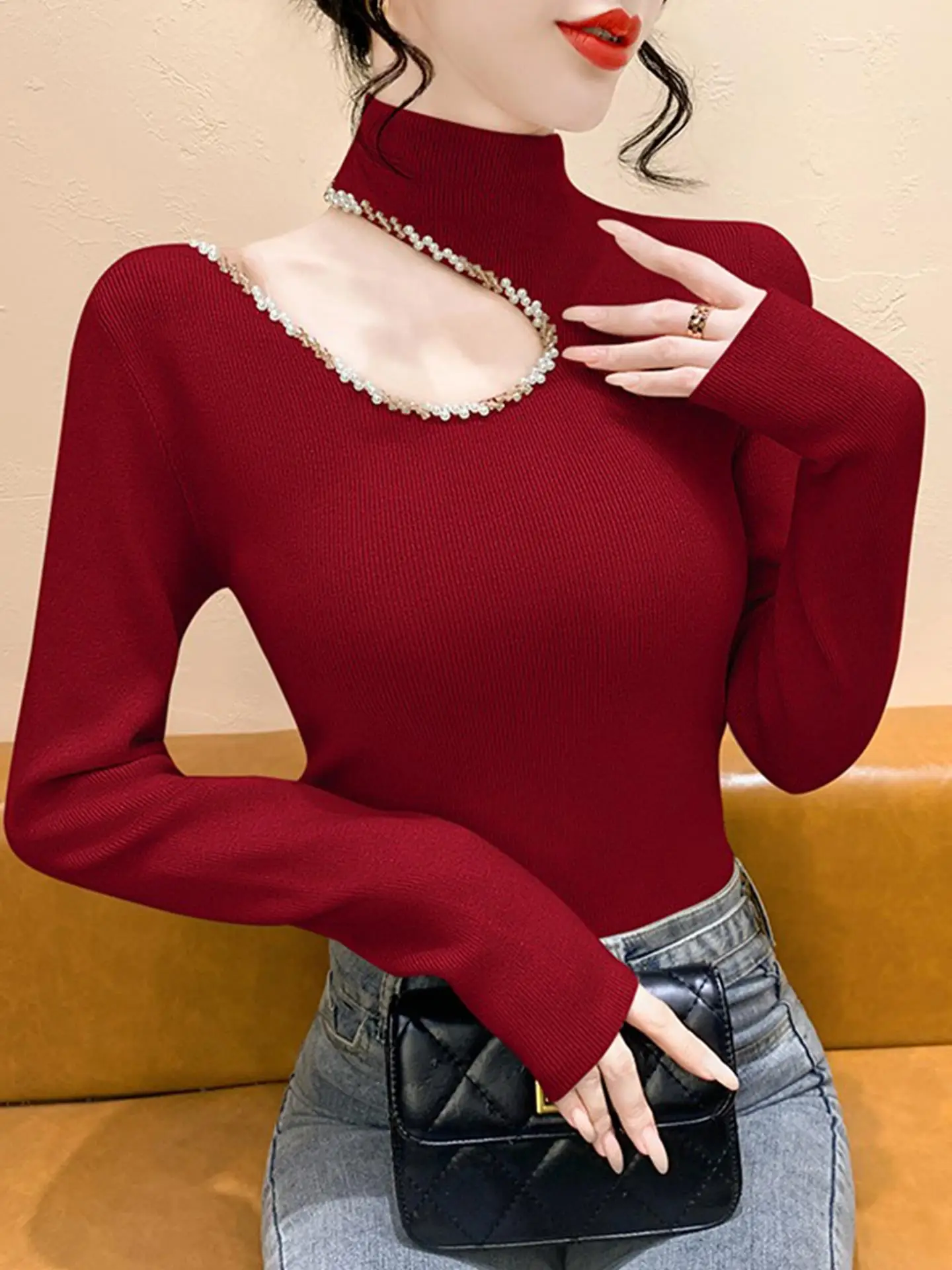 

Женский вязаный свитер с длинными рукавами, богато декорированный, осенне-зимний, с высоким воротником, ажурным дизайном, модный базовый топ