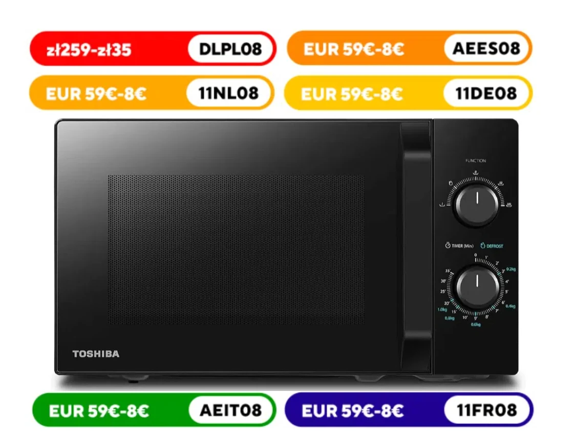 Toshiba MW2-MM20P(BK) Microwave Oven 20 l, 800 W, 5 Power Levels with Practical Defrost Function, LED Lighting in I