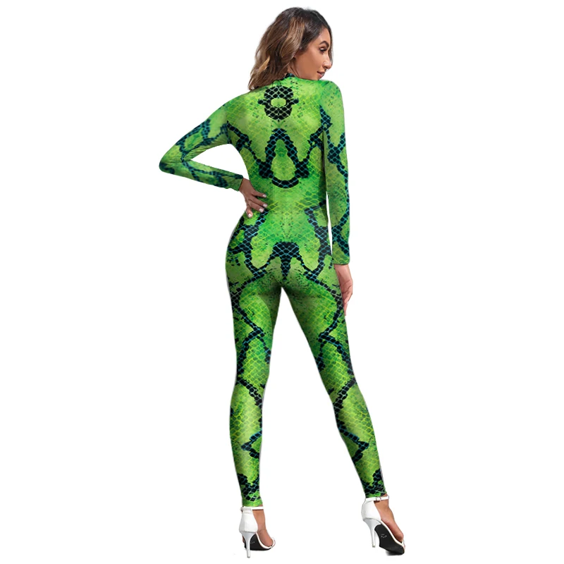 Woman Animal Snake Cosplay Costume Halloween Carnival Catsuit Female Zentai Fitness Bodysuit 12% Spandex Jumpsuit Party Outfit