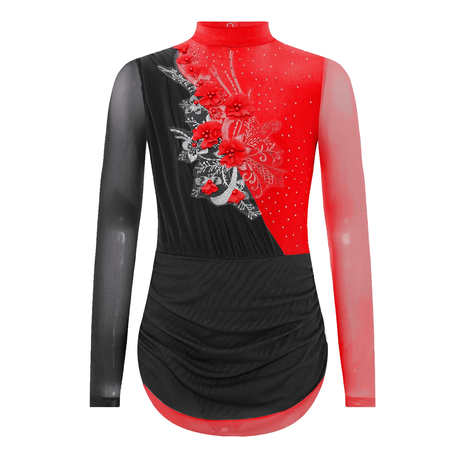 

Kids Girls Figure Skating Rhythmic Gymnastics Dance Dress Stage Performance Costume Long Sleeve Shiny Rhinestones Leotard Dress