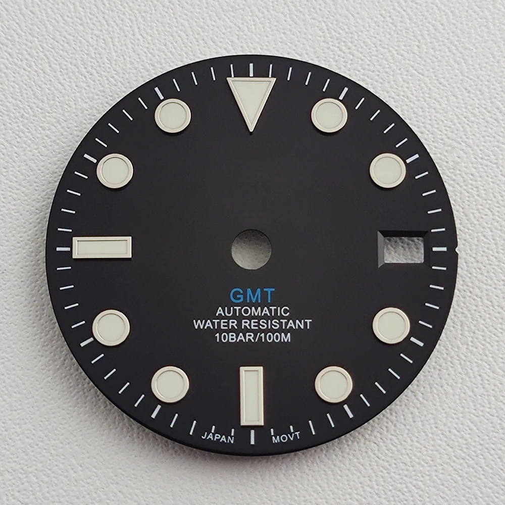 28,5 мм циферблат NH34 стрелки GMT четыре стрелки зеленый светящийся циферблат для часов NH34 модифицированный механизм запасные части для часов