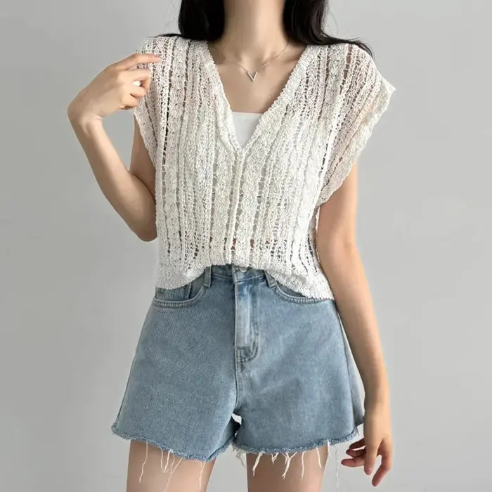 Hollow out Knitted Vest Summer Beach Bikini Cover Up Trendy Women's Outerwear Sweet Korean Top Ins Hollow out tanktop