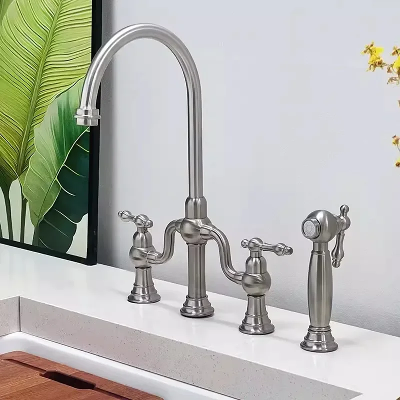  Pull Out Gold Kitchen Faucet Classical Deck Mounted Three Holes Black Hot Cold Top High Quality Sink Tap Rotation Spout