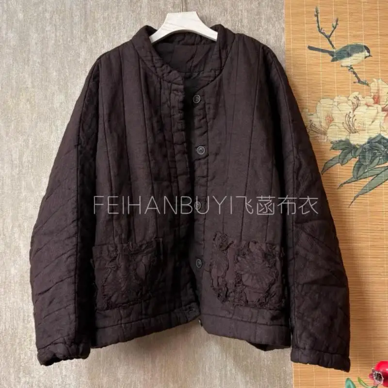 

Осень-зима, женские свободные однобортные короткие пальто с длинным рукавом в стиле искусства, высококачественные утепленные хлопковые льняные винтажные куртки