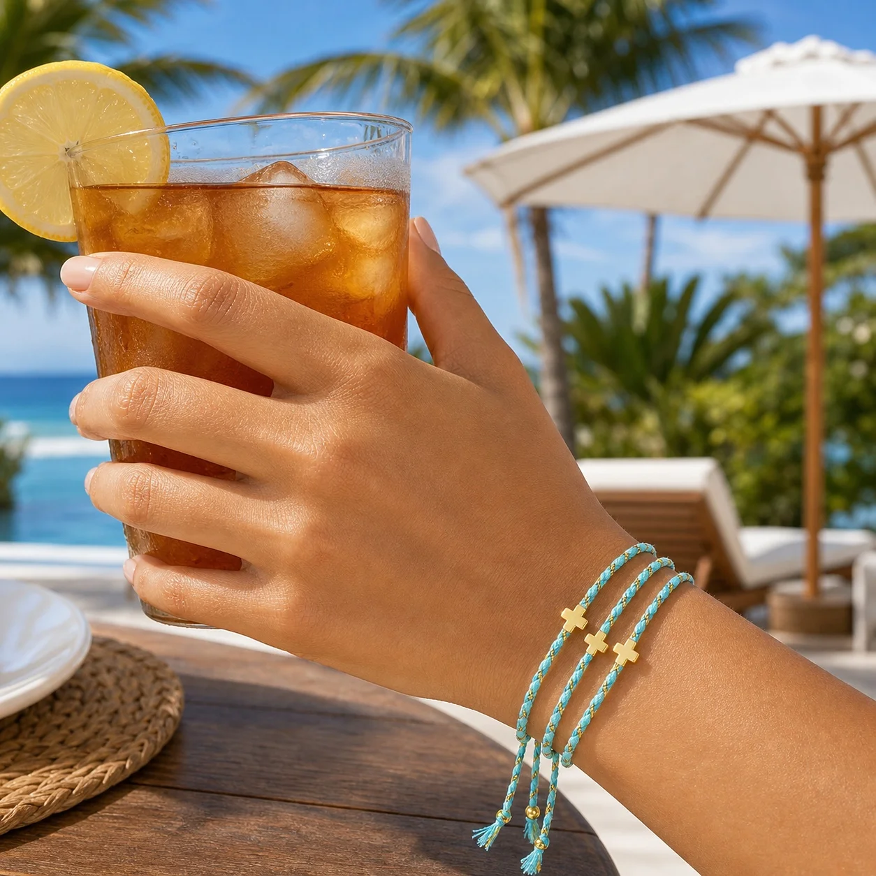 3pcs Turquoise Braided Cotton Cord Bracelet with Gold Tone Cross Charm Tie Closure Adjustable Christian Beach Style
