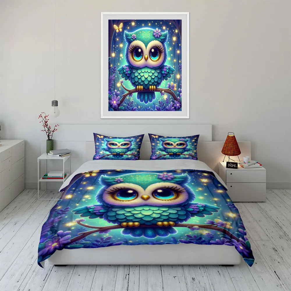 Fantasy blue owl in glowing forest Duvet Cover Set with 3D Printing Design Soft Polyester Bedding Set All-Season Comfort