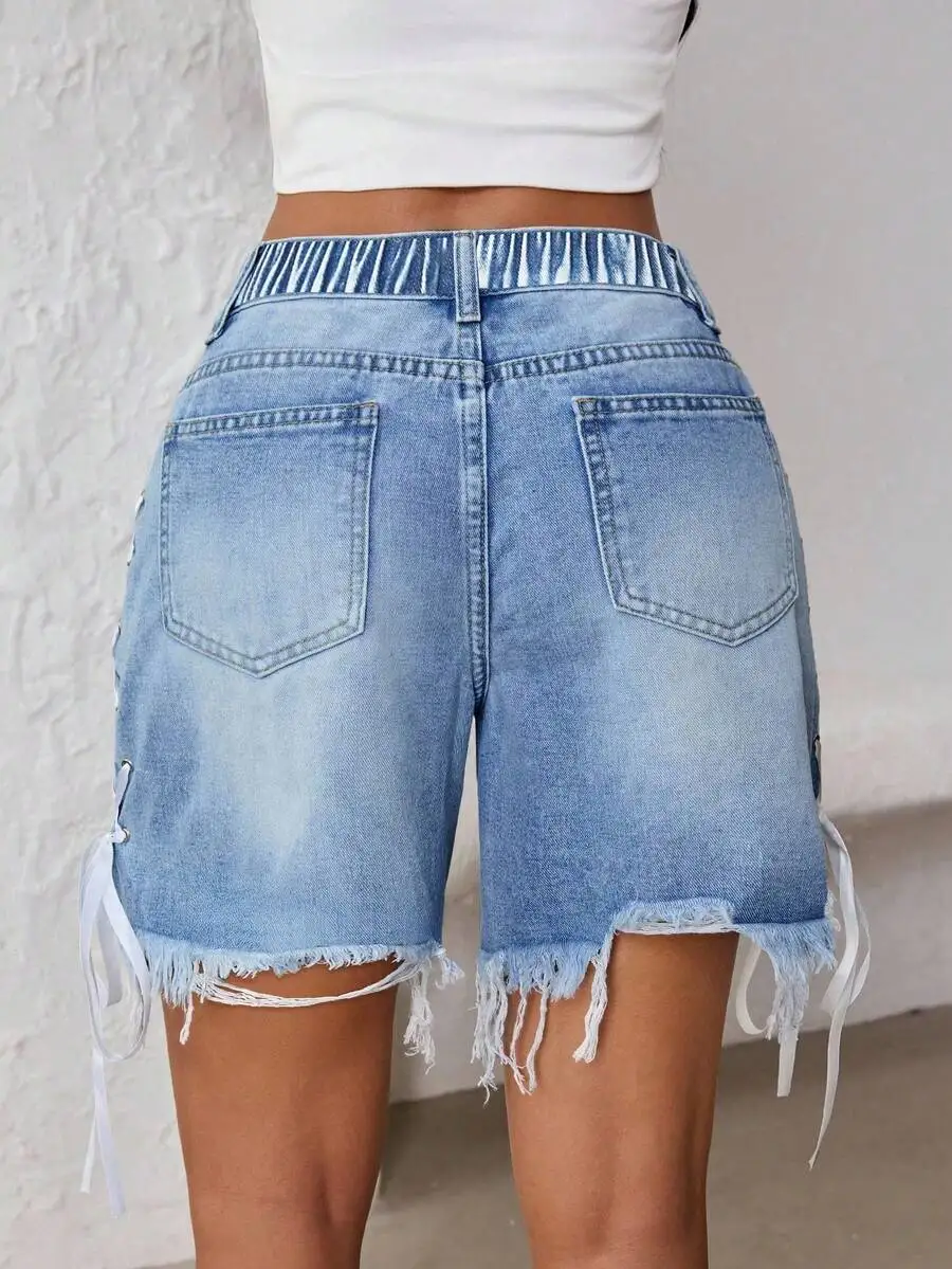 

Casual High-Waisted Denim Shorts With Lace-Up Sides And Frayed Hem For Women