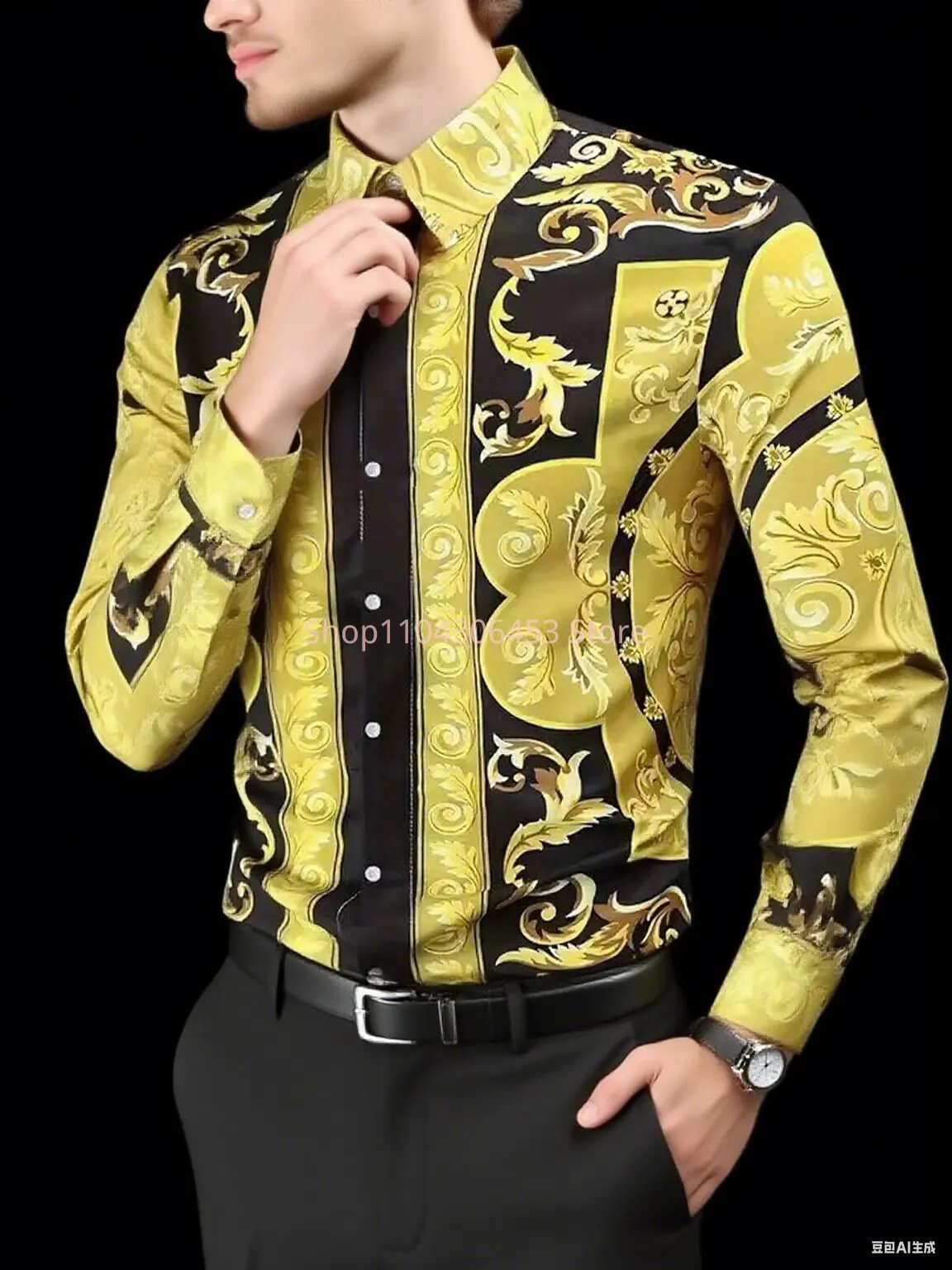 Men's European Court Teng Man 3D Printed Shirt High-end Lapel Long Sleeve Casual Business Fashion Party Shirt Outdoor Clothes