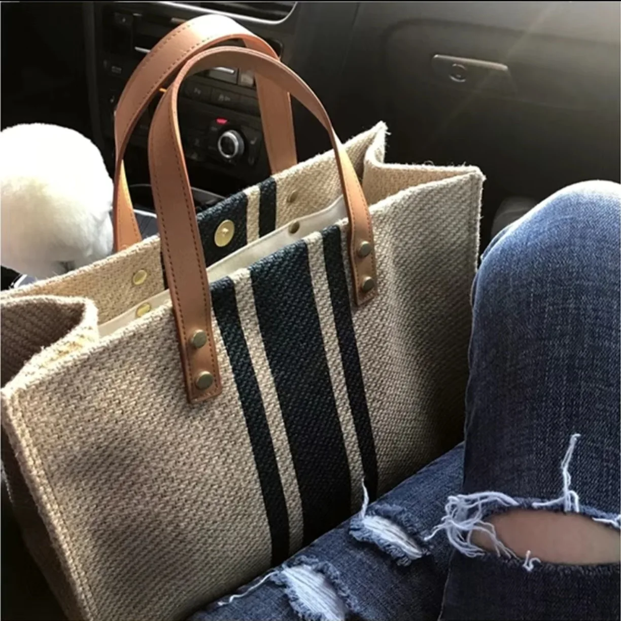 Women Korean Striped Canvas Bag Large Capacity Shoulder Handbag Office Briefcase image 5