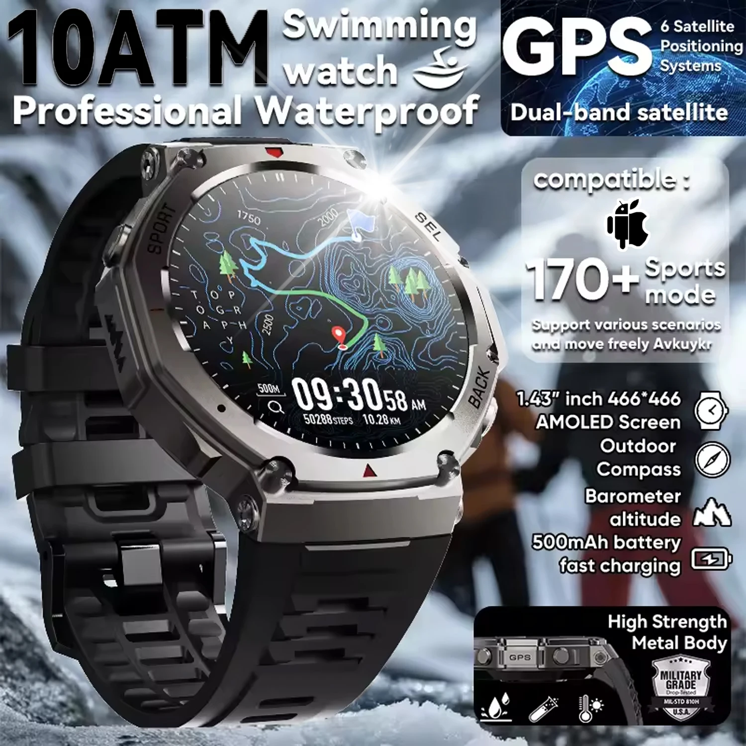

NEW GPS Smart Watch AMOLED 5ATM Waterproof Built-in Dual-band GNSS Compass Military Sport Fitness Smartwatch Men 2025 for Xiaomi