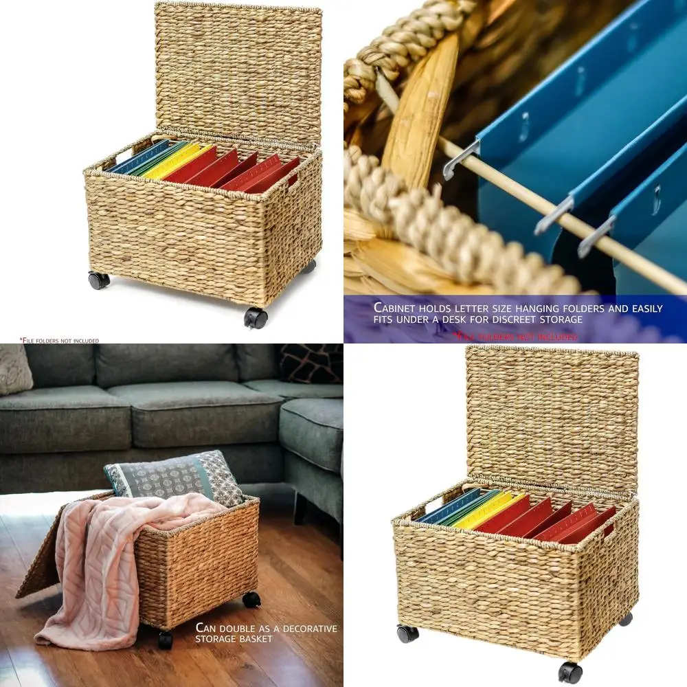 

Wicker Rolling File Cabinet with Hanging Baskets and Water Hyacinth Storage