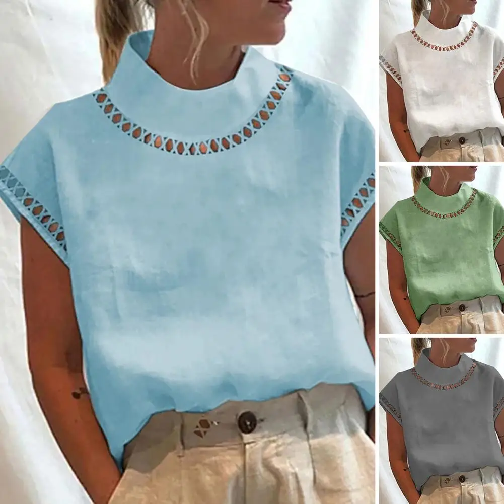 

Винтажные топы, женская блузка с воротником-стойкой, женская футболка с коротким рукавом, летняя однотонная свободная футболка, топ, уличная одежда, рабочая одежда