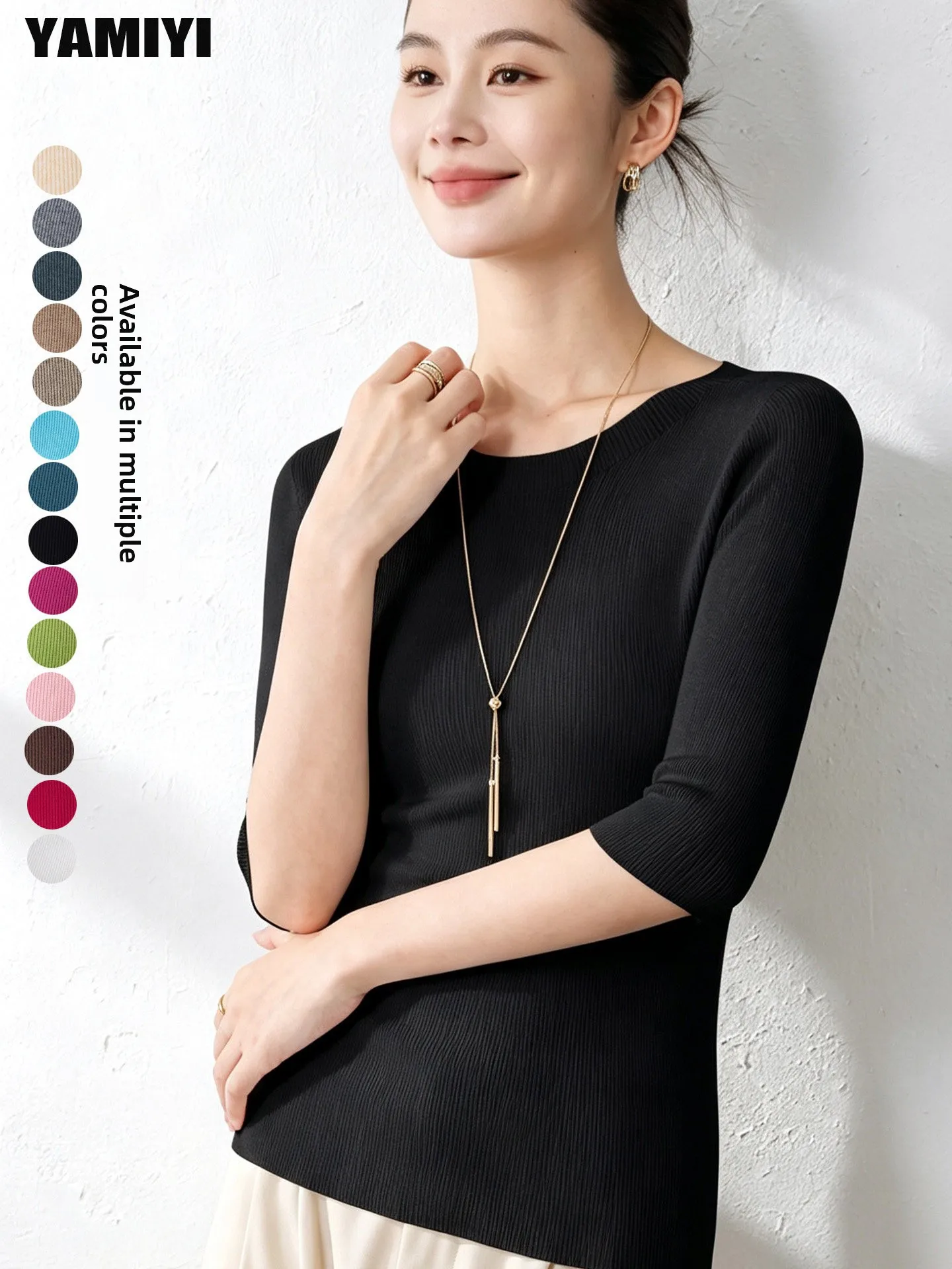 Seamless Mid-Neck Slim Fit Five-Quarter Sleeve Commute Sweater Soft French Style Knitted Top Comfortable Stretchy Inner Wear
