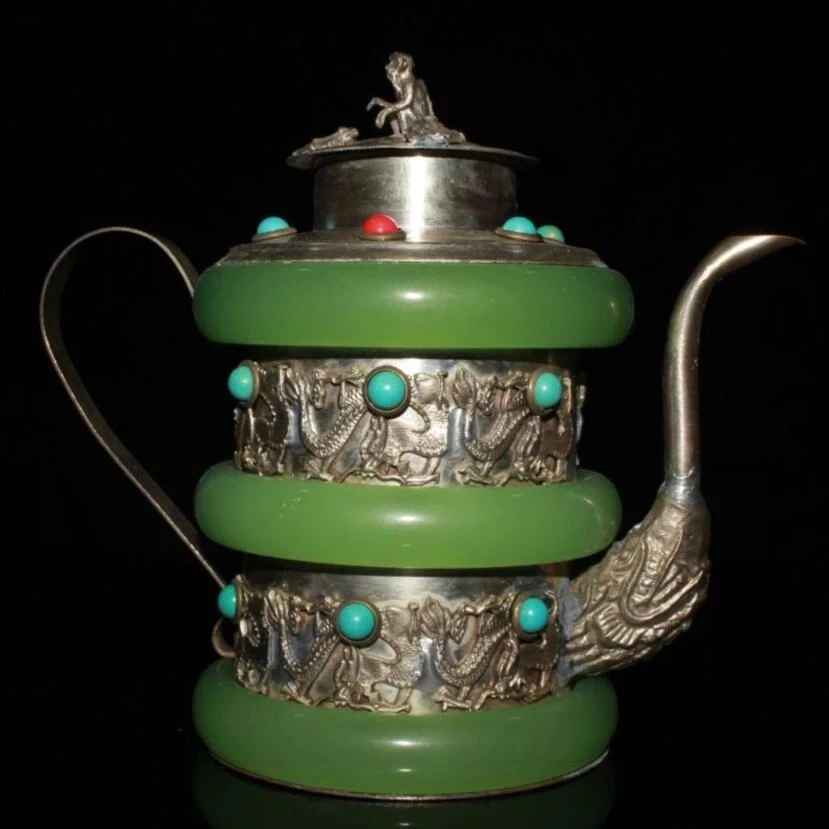 China green jade handwork inlay White copper dragon teapot crafts statue