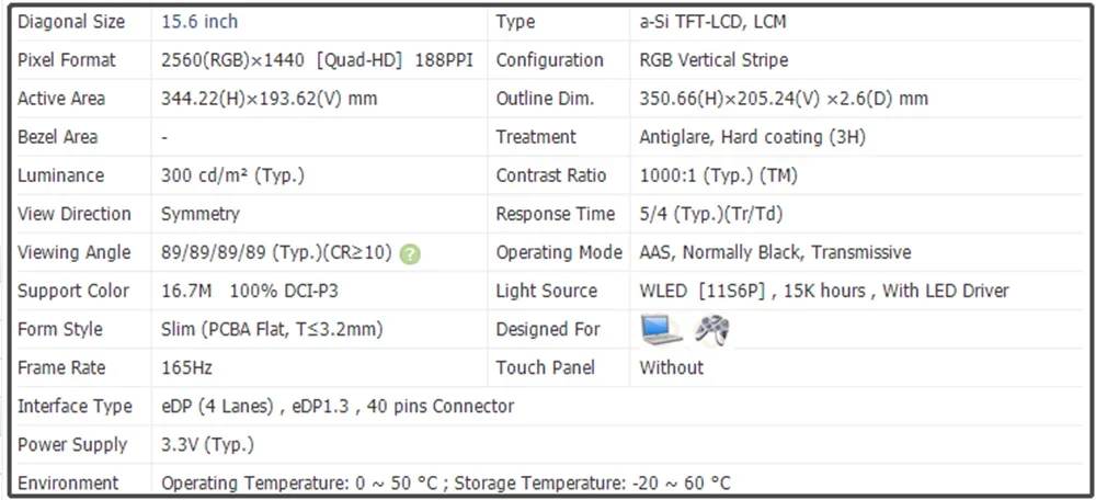 N156KME-GNA 15.6 inch LCD Screen Panel Slim 165Hz EDP 40pins Antiglare 300 cd/m² Non-touch QHD 2560x1440 188PPI 100% DCI-P3