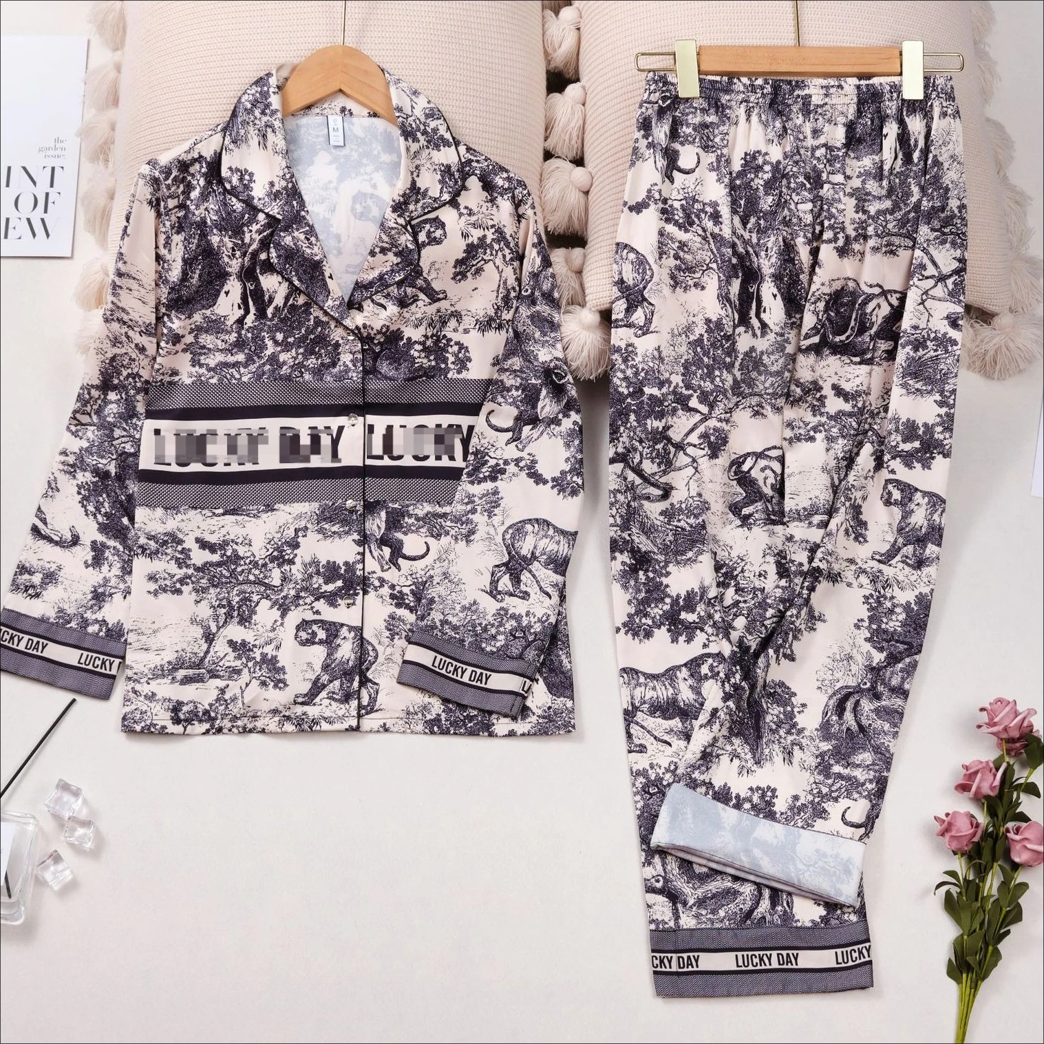 

Женский пижамный комплект с принтом на лацканах, из вискозного атласа, для сна, весенний, с длинным рукавом, рубашка и брюки, 2 предмета, домашняя одежда