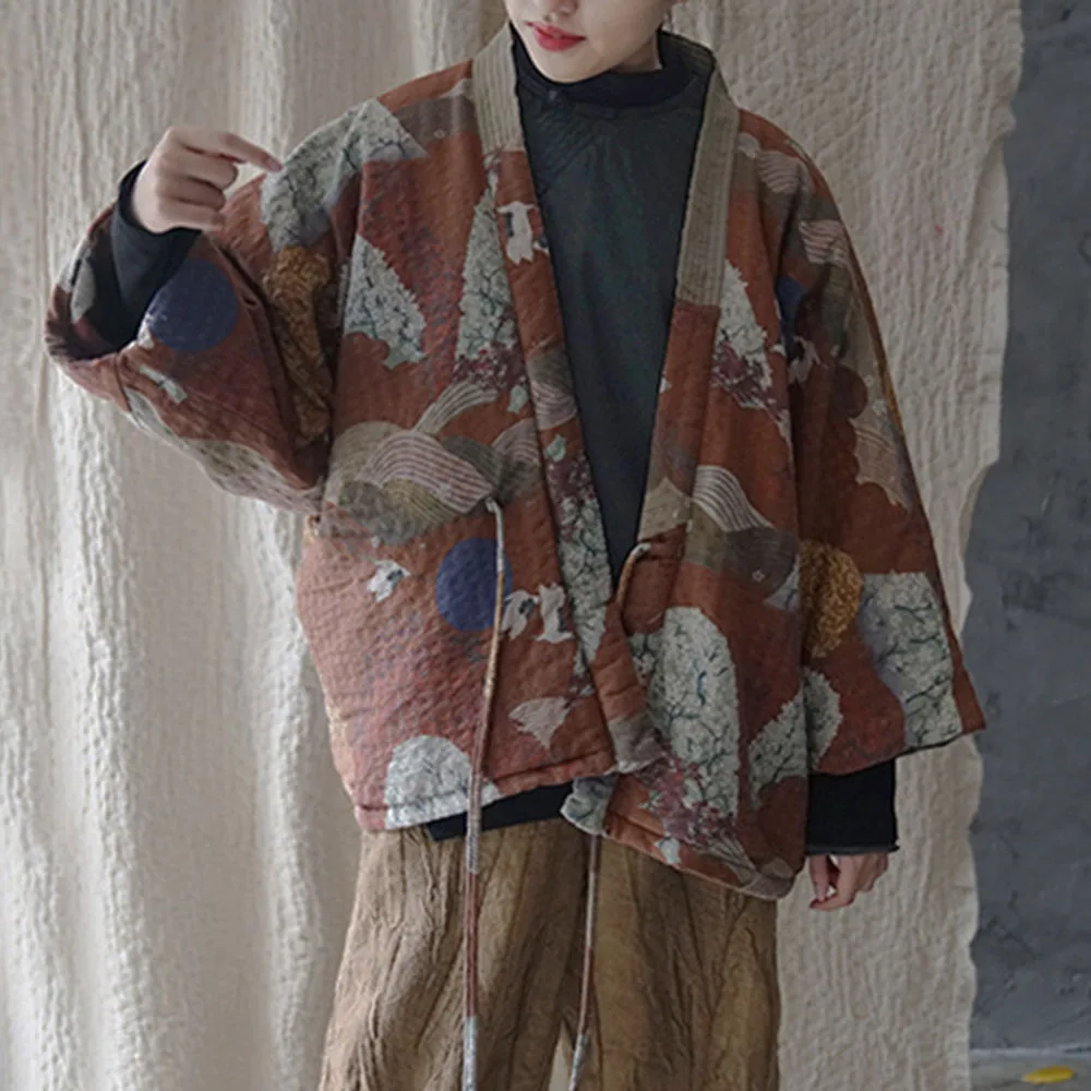 Autumn/Winter Womens Quilted Short Jacket Printed Front Open V-Neck Shawl Collar Vintage Lace-Up Loose Version Kimono Hanfu Coat