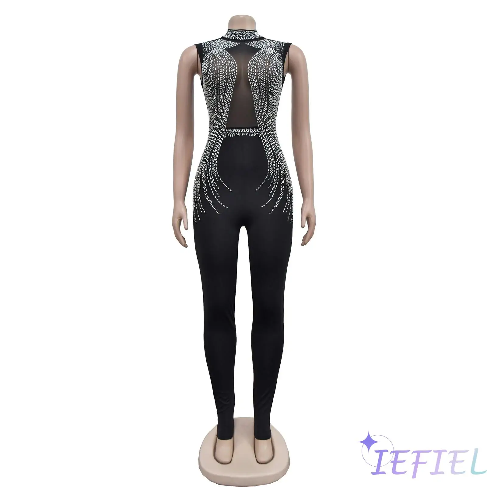 

Women Gymnastic Ballet Jumpsuit Mock Neck Sleeveless Sheer Mesh Patchwork Rompers Bodysuit for Stage Skating Ballroom Dance Show