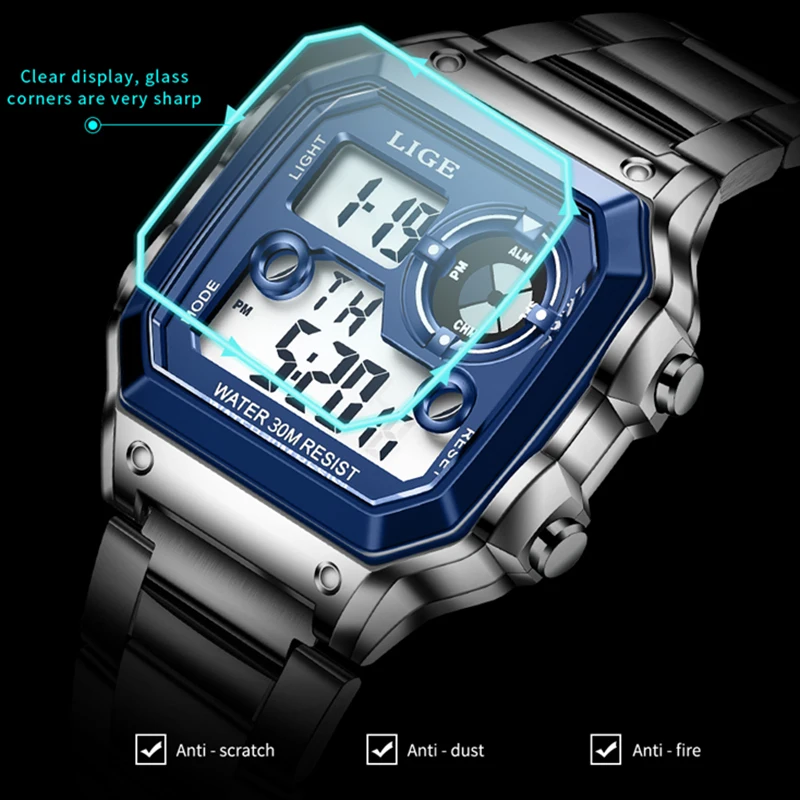 LIGE New Men's Digital Watch Outdoor Sports Waterproof Square Watch Men Luxury Fashion Chronograph Electronic Wristwatch for Men