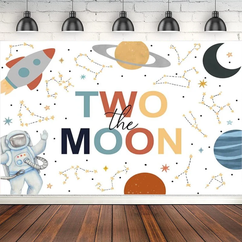 ملصق خلفية للتصوير الفوتوغرافي للأطفال من Two Moons لديكور الحفلات والذكرى الثانية لافتة كوكب الفضاء وصاروخ رائد الفضاء #1