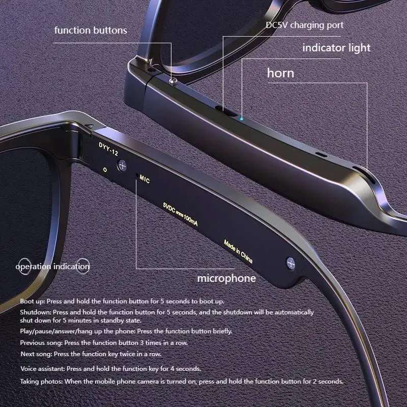 بلوتوث 5.0 نظارات توصيل الهواء سماعات لاسلكية غير داخل الأذن سماعات الأذن المستقطبة واقية من الشمس النظارات الشمسية في الهواء الطلق