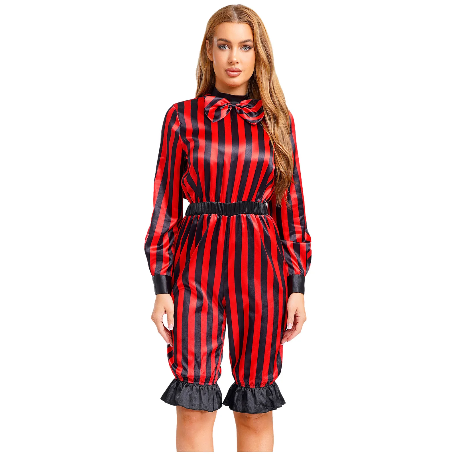 

Women Wicked Clown Circus Costume Role Play Striped Rompers Bow Long Sleeves Tunic Jumpsuit for Halloween Cosplay Theme Party