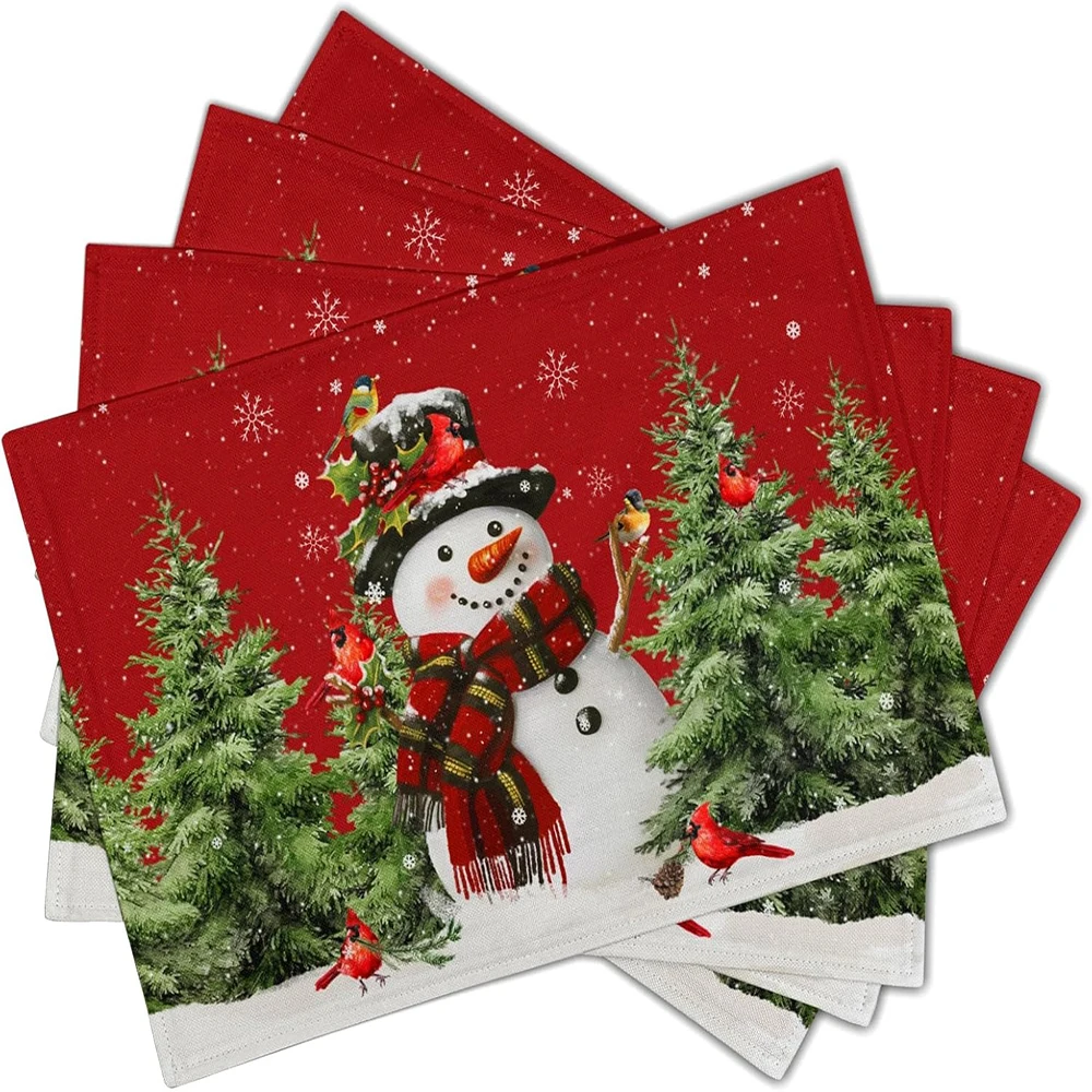 

4pcs Festive Christmas Snowman & Birds Printed RedPlacemat: Spruce Up Your Holiday Table! New Year home party decoration